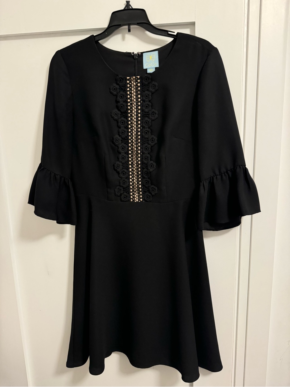CeCe Black Dress with Floral Crochet Front Trim